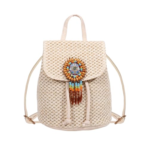 HuiYSatr Mode Strohrucksack Für Frauen Kordelzug Umhängetasche Böhmische Strandtaschen Geflochtene Umhängetasche Daypack, beige von HuiYStar