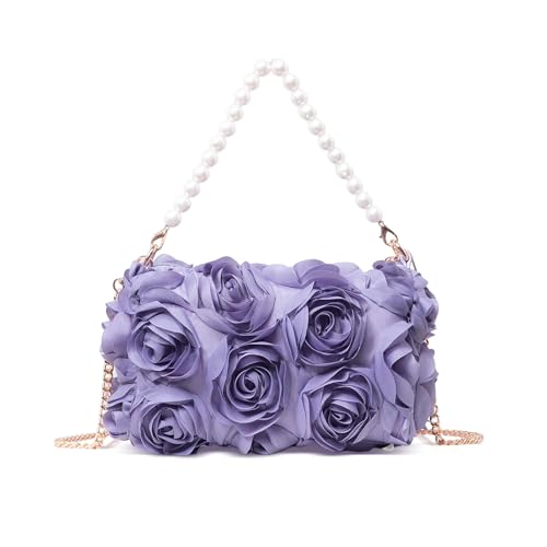 HuiYStar Clutch für Damen,Chiffon-Abendhandtasche mit 3D-Blumenmuster,Tasche mit Perlengriff oben für Hochzeit,Abschlussball,Party von HuiYStar