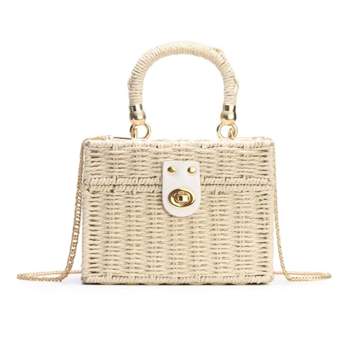 HuiYStar Handgewebte Rattantasche für Damen - Korbgewebte Quadratische Umhängetasche Vintage Korbtasche Sommer Strandtasche Handtasche von HuiYStar