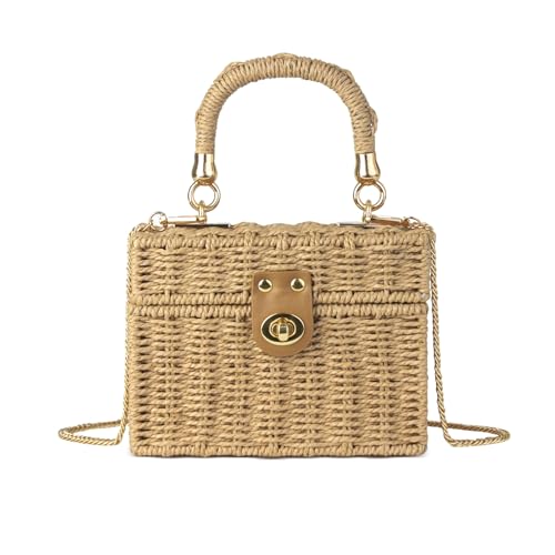 HuiYStar Handgewebte Rattantasche für Damen - Korbgewebte Quadratische Umhängetasche Vintage Korbtasche Sommer Strandtasche Handtasche von HuiYStar
