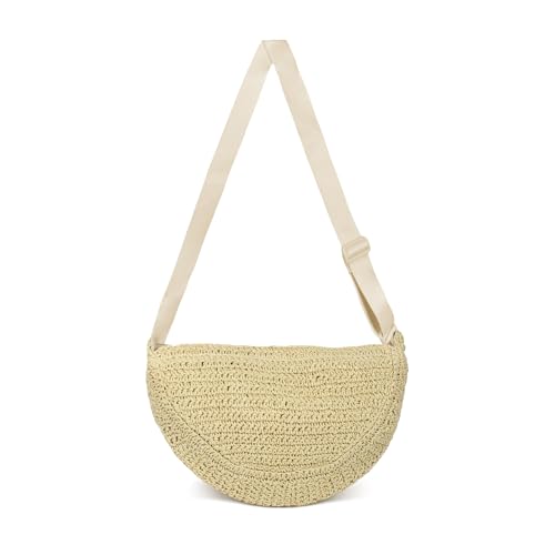 HuiYStar Stroh Kreuz Körper Tasche für Frauen Sommer Geflochten Strand Handtasche Halbmond Schultergurt mit verstellbarem Riemen 2025, beige von HuiYStar