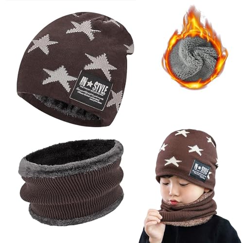 Huifengjie Beanie Mütze und Schlauchschal 2er Set, Kinder Wintermütze, mit Fleecefutter Mütze Schal Sets, Dicker, Weicher, für Mädchen Jungen Strickmütze Schal, für Herbst Winter Frühling, Khaki von Huifengjie
