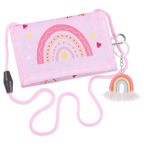 Huiguli Brustbeutel Kinder, Regenbogen Geldbeutel Mädchen Dreifach Gefaltete Geldbörse mit Schlüsselanhänger, Kordelband, Geldbeutel Kinder Geschenk für Mädchen von Huiguli
