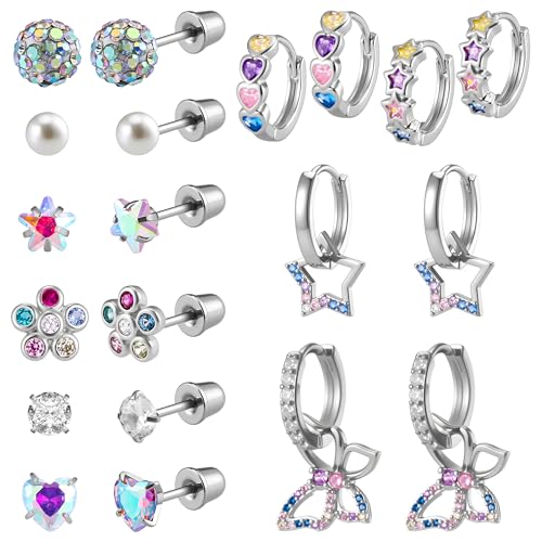 Huiguli 10 Paar Ohrringe Mädchen, Süße Herz Stern Schmetterling Ohrringe Kinder Creolen Hängende Hypoallergene Ohrstecker Set für Damen Mädchen von Huiguli