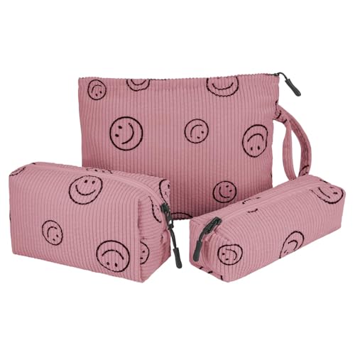 Huiguli 3 Stück Kosmetiktasche, Beige Kordsamt Niedlich Lächeln Gesicht Kosmetiktasche, Verbessertes Segeltuchmaterial Innen Make Up Tasche Tragbare, für Reisen Kinder Mädchen Damen (Rosa) von Huiguli