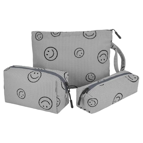 Huiguli 3 Stück Kosmetiktasche, Grau Kordsamt Niedlich Lächeln Gesicht Kosmetiktasche, Verbessertes Segeltuchmaterial Innen Make Up Tasche Tragbare, für Reisen Kinder Mädchen Damen (Grau) von Huiguli