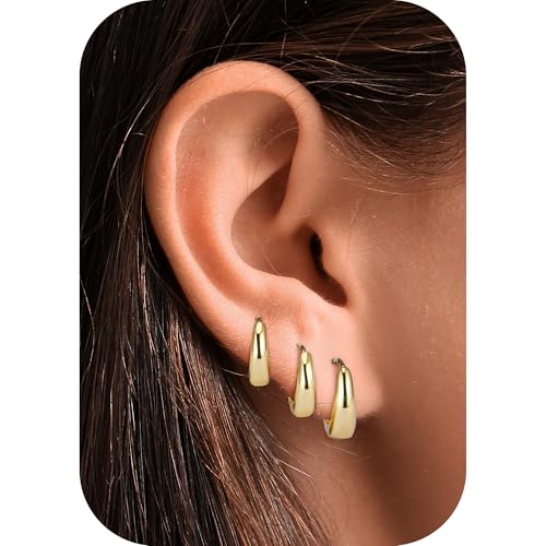 Huiguli 3Paar Creolen Gold für Damen, 14K Vergoldet Creolen Set, Hypoallergene Goldene Ohrringe Damen, Stapelbar Stecker Ohrringe Set für Mehrere Ohrlöcher von Huiguli