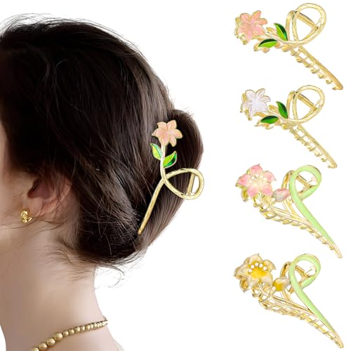 Huiguli 4 Stück Blumen Metall Haarspangen, Große Haarklammer für Dickes Haar Dünnes Haar, Rutschfestes Goldene Haarkrallen Frauen Mädchen Gardenie Lilien von Huiguli