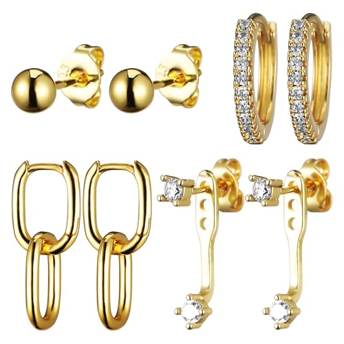 Huiguli 4Paar Piercing Ohr Gold, 14K Vergoldet Kleine Ohrstecker mit Zirkonia, Hypoallergene Goldene Ohrringe Damen, Stapelbar Stecker Ohrringe Set für Mehrere Ohrlöcher von Huiguli