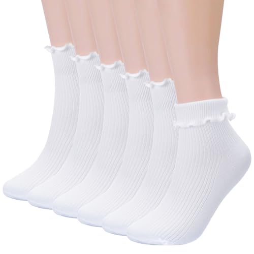 Huiguli 6 Paar Socken mit Rüschen Damen, Weich Atmungsaktive Damen Crew Söckchen, Rüschensocken Sneakersocken Weiß für Frauen Mädchen Sport Freizeit Partys, 35-40 von Huiguli