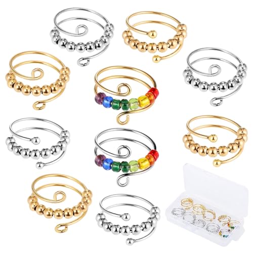 Huiguli Anti Stress Ring, 10 Stück Verstellbare Fidget Ring, Anxiety Ring mit Perlen, Mode Offenen Spinner Ring, Geburtstag Muttertag Geschenk für Mädchen Frauen Damen von Huiguli