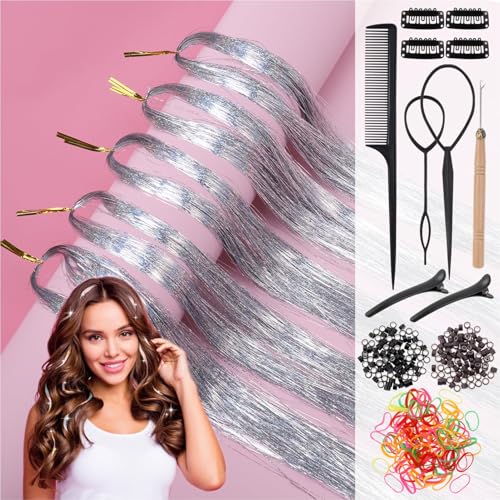 Huiguli Glitzer Haarsträhne, 120cm Haarsträhnen Kinder mit Werkzeug, 1100 Strähnen Hair Tinsel Kit, Fairy Lametta Haar für Mädchen Frauen Kinder (Silber) von Huiguli