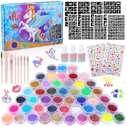 Huiguli Glitzer Tattoo Set, Neu Temporäre Glitzertattoos Kinder Set für Mädchen - 48 Farben, 267 Schablonen, 235 Strasssteine, 8 Pinsel and 3 Kleber, Geschenk für Mädchen Weihnachten Geburtstag Party von Huiguli