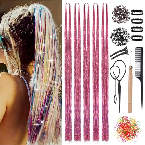 Huiguli Hair Tinsel, 1100 Strähnen Glitzer Haarsträhnen, 120cm Bunte Haarsträhnen Kinder mit Werkzeug, Glänzend Tinsel Hair Extensions für Festival,Fasching,Party (Rosa) von Huiguli