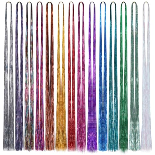Huiguli Hair Tinsel Glitzer Haarsträhnen Lametta Haare 2100 Haarsträhnen Tinsel Hair Extensions 93cm Glitzer zum Flechten 14Pcs Fairy Haarlametta für Mädchen Bunt Haarteil（Ohne Werkzeug) von Huiguli