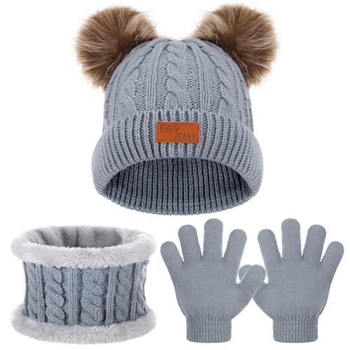Huiguli Kinder Winter Warme Hut Schal Handschuhe Set - 3 in 1 Wintermütze für 1-5 Jahre Jungen Mädchen, Warm Gestrickt Verdickt, Grau von Huiguli