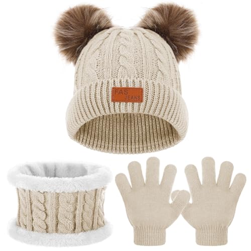 Huiguli Kinder Winter Warme Hut Schal Handschuhe Set - 3 in 1 Wintermütze für 1-5 Jahre Jungen Mädchen, Warm Gestrickt Verdickt, Khaki von Huiguli