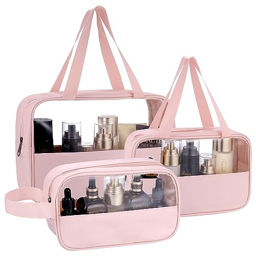 Huiguli Kosmetiktasche Transparent, 3 Stück Kulturtasche Damen, Tragbare Makeup Tasche aus PVC+PU, Rosa Kulturbeutel Reise Set für Flüssigkeiten im Koffer von Huiguli