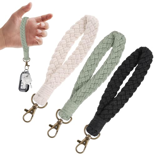 Huiguli Schlüsselanhänger Makramee, 3 Stück Schlüsselanhänger Kurz Lanyard, Weich Makramee Schlüsselanhänger, Boho Armband Schlüsselband für Damen (Schwarz,Weiß,Hellgrün) von Huiguli