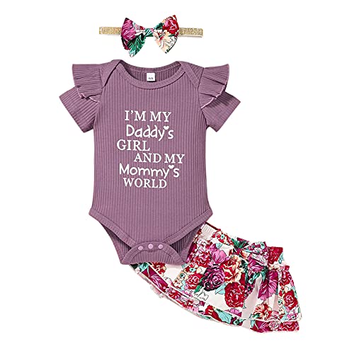 Huihong Baby Mädchen Sommer Einfarbig Kurzarm Brief I am daddy's girl and my mommy‘s world Strampler + Blumen Blumendruck Spitze Bowknot Puffrock + Haarband 3tlg Bekleidungsset (86, Violett) von Huihong