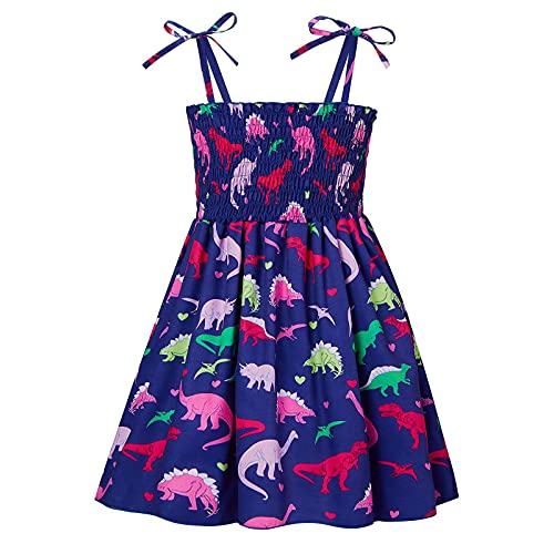 Huihong Sommerkleid Baby Mädchen Ärmellos Sommerkleid Kleid Blumenmuster Druck Dinosaurier drucken Babykleid Bohemian Freizeit Off Shoulder Kleider Kinderkleidung (4 Jahre, Marine) von Huihong