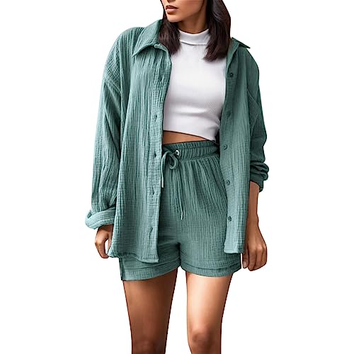 Musselin Zweiteiler Damen Sommer Elegant Musselin Bluse Und Shorts Baumwolle Leinen Lounge Set Oversize Freizeitanzug Langarm Hausanzug Outfit Y2K Clothes Streatwear Trainingsanzüge Activewear von Huihong