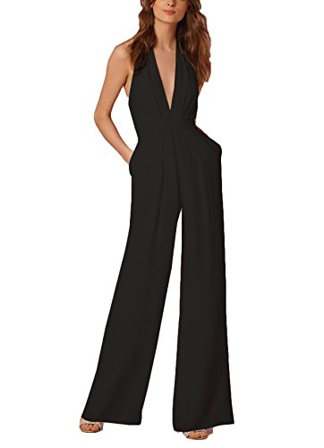 Huixin Fashion Jumpsuit Damen Elegant Lang Sommer Festliches Ärmellos V Ausschnitt Neckholder Overall Schulterfrei High Waist Wide Leg Pants Mode Cocktail Party Lange Baggy Hosen Playsuit Abendmode von Huixin Fashion