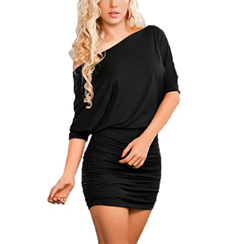Huixin Fashion Sommerkleid Damen Festlich Elegant Etuikleid Kurz Schräg Schulter Rückenfrei Minikleid Fledermausärmel Halber Ärmel Einfarbig Normallacks Bleistiftkleid Mode Casual Blusenkleid von Huixin Fashion
