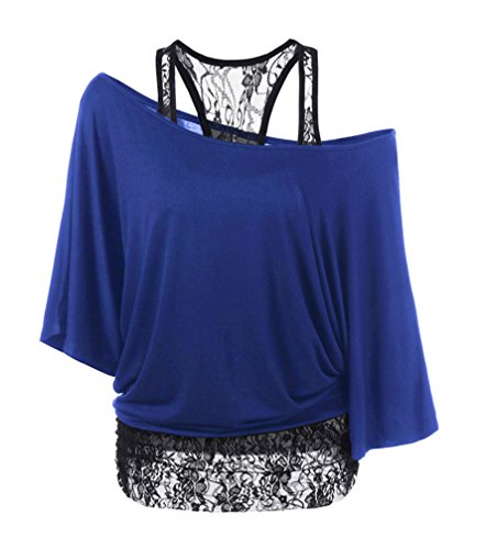 T-Shirt Damen Sommer Kurzarm Schräg Schulter Locker Einfarbig Uni-Farben Oberteile Und Spitze Ärmellos Tank Top 2 Teilig Hippie Casual Blusen Spitzenbluse Top Jungen Mode Tunika von Huixin Fashion