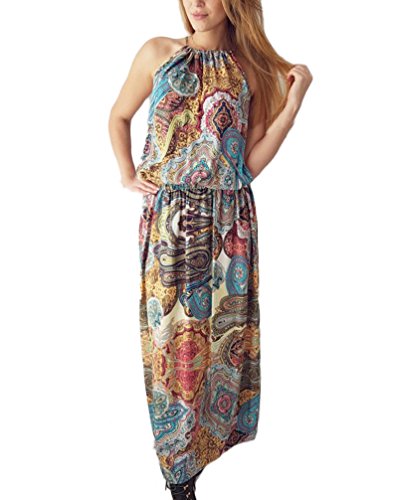 Strandkleid Damen Elegante Festlich Sommerkleider Lang Ärmellos Rundkragen Blumenmuster Beach Maxikleider Lockere Boho Style Strandmode Frauen Festival von Huixin Fashion