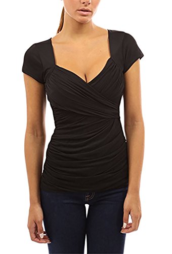 T Shirt Damen Elegant Sommer Tops Kurzarm Kreuz V-Ausschnitt Geraffte Mode Oberteile Frauen Slim Fit Einfarbig Basic Casual Bluse Hemd Jungen Mode Tunika von Huixin Fashion