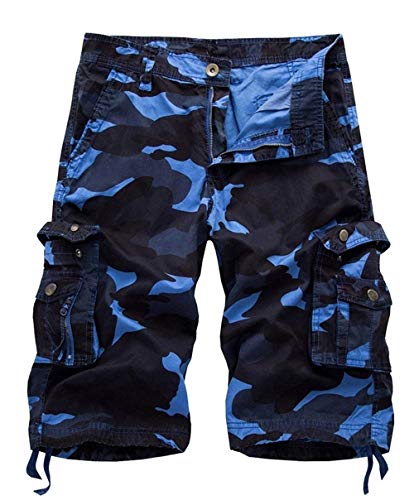 Cargo Shorts Casual Kurze Hose Cargohose Multi Herren Tasche Herrenmode Strandhose Vintage Mode Locker Camouflage Hosen Bermuda (Color : Blau, Size : Taille: 96cm) von Huixin