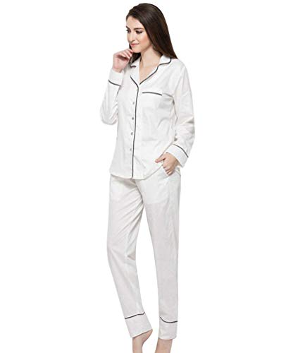 Damen Pyjama-Set Frühling Herbst Einfach Style Homewear Elegante Longsleeve Vintage V-Ausschnitt Nachtwäsche Einreihig Fashion Klassiker Pyjama Schlafanzughose (Color : Weiß, Size : L) von Huixin