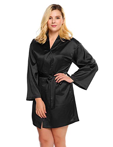 Damen Satin Kimono Männerlangarm Morgen Robe Elegant Nacht Wärmen Mit Schlafanzug Lace Bademantel Morgenmantel (Color : Schwarz, Size : 3XL) von Huixin