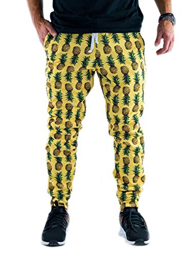 Herren Hose Jogginghosen Ananas Aufdruck Sporthose Hawaii Style Funktionshose Freizeithose Mit Taschen (Gelb,2XL) von Huixin