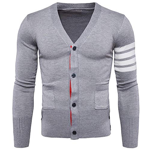 Herren Jacket Herbst Leichte Strickjacken Feinstrick Pullover Herrenmode Ausschnitt V Slim Fit Strickmantel Fashion Langarm Splice Streifen Mantel Outerwear (Color : Hellgrau, Size : L) von Huixin