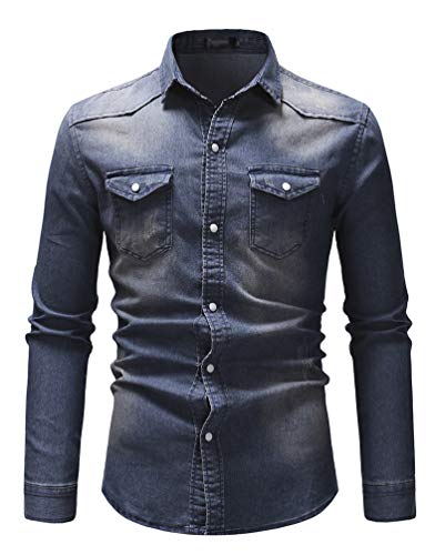 Herren Jeanshemd Mit Tasche Große Größen Gewaschene Denimhemd Männer Casual Langarm Bluse Oberteile (Dunkelblau,L) von Huixin