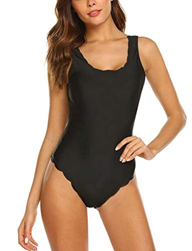 Huixin Damen Einfarbig Badeanzug Schwimmanzu Mit Spitze Overall Figurformend Jung Bauchweg Schwimmanzug Bademode Einteiler Swimwear Schlankheits Swimsuit Rückenfrei Monokini Für Sommer (Schwarz,XL) von Huixin