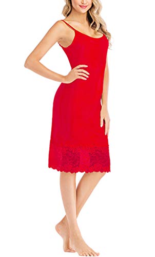 Huixin Damen Unterkleid Knielang Unifarben Nachthemd Ärmellos Spleiß Spitze Nachtkleid Trägerkleid Slim Fit Gemütlich (Rot,XXL) von Huixin