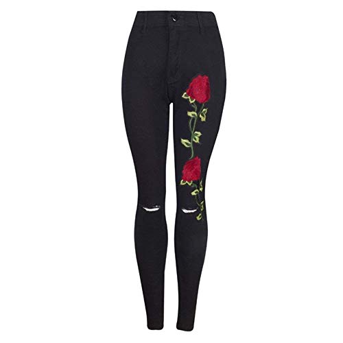 Huixin Trousers Damen Rose Besticktes Loch Slim Ripped Stretch Fit Denim Elegant Pants Unifarben Mit Zipper Bleistifthose (Color : Schwarz, Size : L) von Huixin