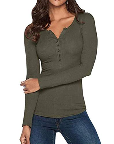 Mode Damen Henley Shirt Langarm Casual T-Shirts Ripped Scoop Neck Button Basic-Oberteile Slim Fit (Grün,M) von Huixin