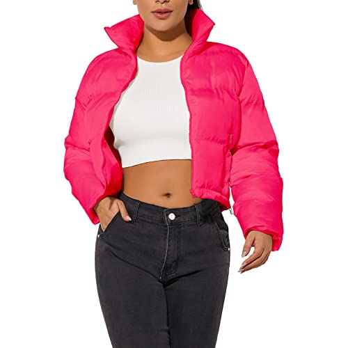 Damen Crop Kurze Jacke Cropped Puffer Mode Jacken für Frauen Warm Winter Leicht Mantel, wassermelone, Medium von Hujoin