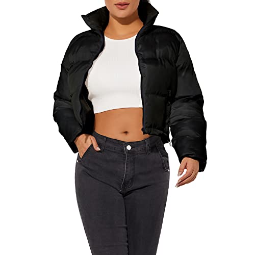 Hujoin Damen Jacke Puffer 3/4 Jacke Damen Schwarz Cropped Jacke Kurz Warm Jacke Daunen Crop Winterjacke Bauchfrei Bauchfrei von Hujoin