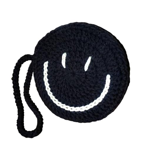 HukDok Handgefertigte Geldbörse mit Smiley-Gesicht, Reißverschluss, gehäkelt, gestrickt, niedlich, kleine Aufbewahrungstasche, Münzgeldbörse, runde Tasche, Schwarz, Kompakter Stil HukDok Handgefertigte Geldbörse mit Smiley-Gesicht, Reißverschluss, gehäkelt, gestrickt, niedlich, kleine Aufbewahrungstasche, Münzgeldbörse, runde Tasche, Schwarz, Kompakter Stil von HukDok