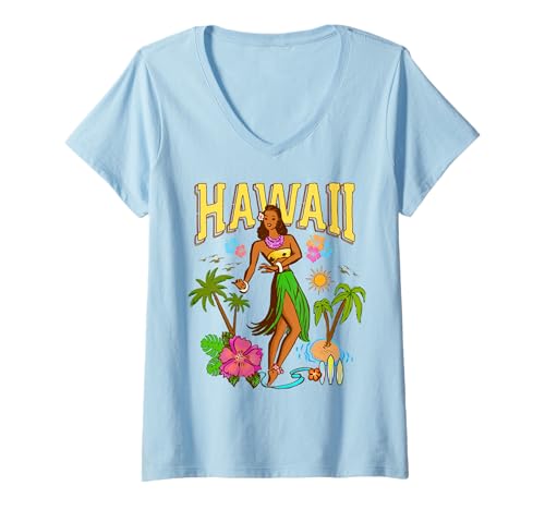 Damen Hula Girl Hawaii Aloha Beach Vibes Pinup im Retro-Look, hawaiianisch T-Shirt mit V-Ausschnitt Damen Hula Girl Hawaii Aloha Beach Vibes Pinup im Retro-Look, hawaiianisch T-Shirt mit V-Ausschnitt von Hula Hawaii Vintage Aloha Apparel Co