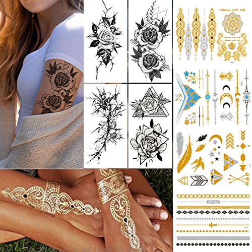 Temporäre Tattoos Metallic Klebe Flash Tattoo für Erwachsene Frauen Männer 8 Blätter, Glitzertattoo Aufkleber für Schultern Arme Brust Rücken Beine, 4 Blume +4 Metallic Tattoo in Gold, Silber&Schwarz Temporäre Tattoos Metallic Klebe Flash Tattoo für Erwachsene Frauen Männer 8 Blätter, Glitzertattoo Aufkleber für Schultern Arme Brust Rücken Beine, 4 Blume +4 Metallic Tattoo in Gold, Silber&Schwarz von Hulpuog