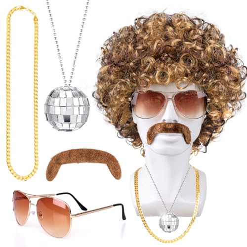 Humairc Halloween Kostüm Afro Perücke Sonnenbrille Disco Halskette Bart 70er 80er Jahre Outfit für Männer Damen Rocker Perücke Halloween Kostüm Damen Herren (Braun) von Humairc