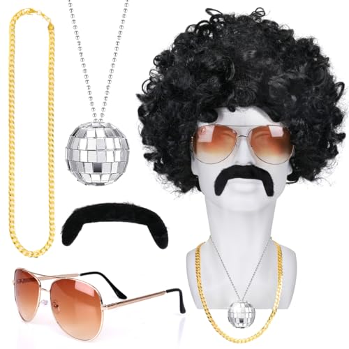 Humairc Halloween Kostüm Afro Perücke Sonnenbrille Disco Halskette Bart 70er 80er Jahre Outfit für Männer Damen Rocker Perücke Halloween Kostüm Damen Herren (Schwarz) von Humairc