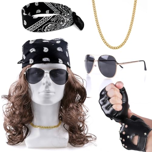 Humairc Halloween Kostüm Locken Perücken Herren Damen Rocker Handschuhe Sonnenbrille Halskette Stirnband 80er 90er Jahre Halloween Kostüm Damen Herren von Humairc