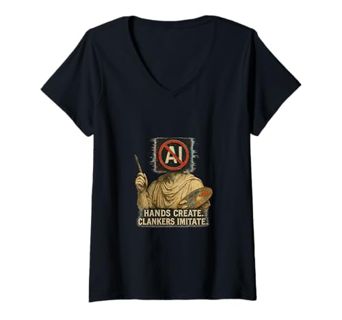 Damen Anti-AI Künstler Statue Grafik Retro Glitch Style T-Shirt mit V-Ausschnitt Damen Anti-AI Künstler Statue Grafik Retro Glitch Style T-Shirt mit V-Ausschnitt von Human Art Power for Creative Authenticity